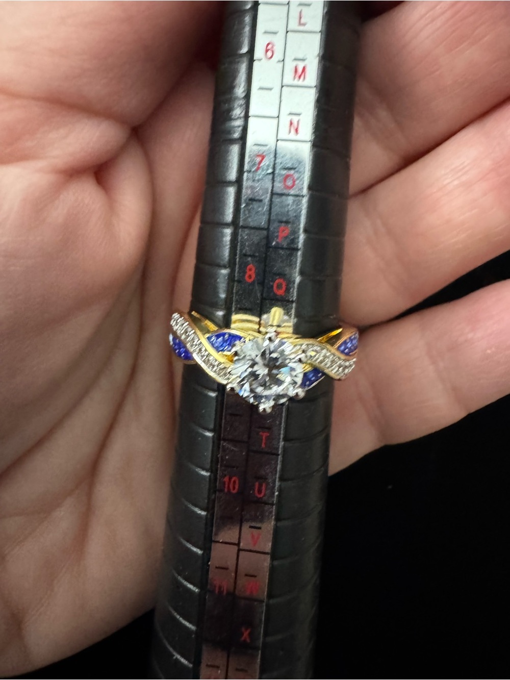 Gold platedRing with Clear Center Stone and Blue Accent Stones - Women's Jewelry